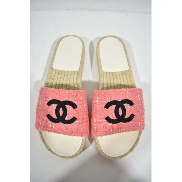 Chanel 20A Pink Tweed Black CC Logo Espadrille Slide Slip On Sandal Mule Flat 37 - Picture 8 of 12